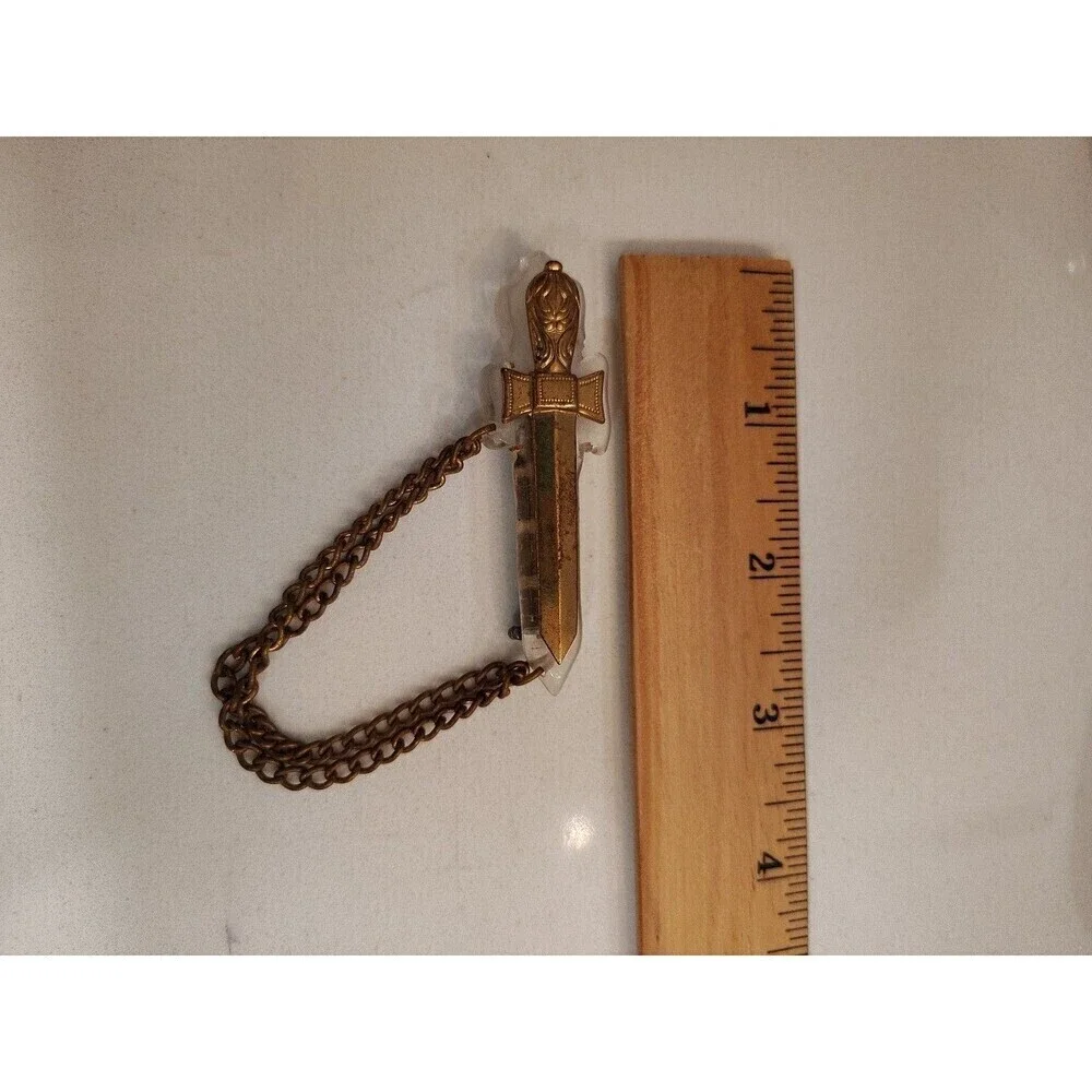 Vintage Intricate Bakelite Gold toned  Sword Pin Brooch with Dangle link chain